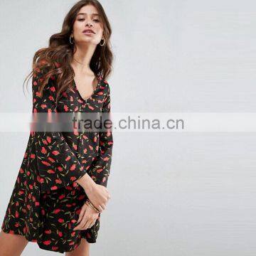 2017 Summer V Neck Long Sleeve Floral Printed Women Dresses Oem Dress HSd9021