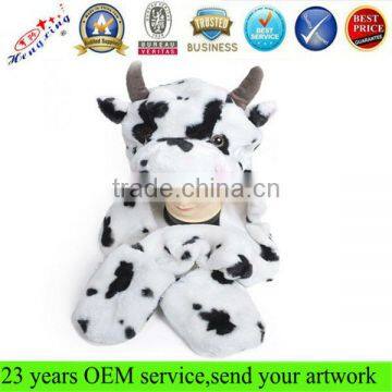 Cute kids plush animal winter hat with Paws Cow Mittens