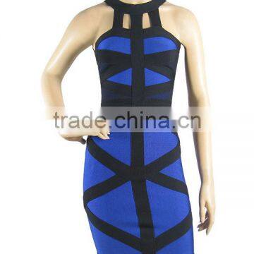 3 Color New Arrival High Quality Geometric Striped Cross Elastic Knitted Bandage Dress Printed Celebrity Party Dress photo-2