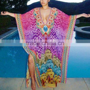 Long Purple Digital Print Crystal Embellished Kaftan CAFTAN Tunic Poncho Blouse photo-3