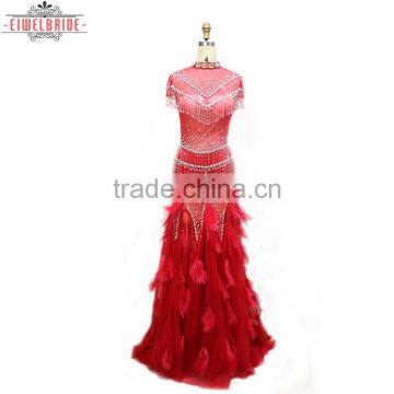 OEM Long Floor-length Beaded and Feather Red Sheath/Column Wedding Dress photo-4