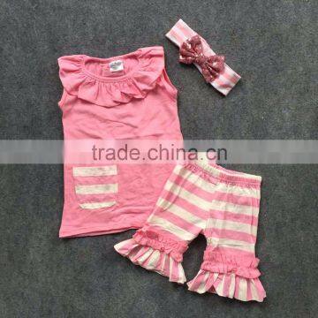 girl boutique outfit ruffle bottom pants for baby girls cheap wholesale ruffle clothing pink stripes with matching headband