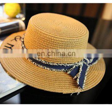 Letters Flattop Straw Hat Bowknot Hat Solar Beach Hat photo-2
