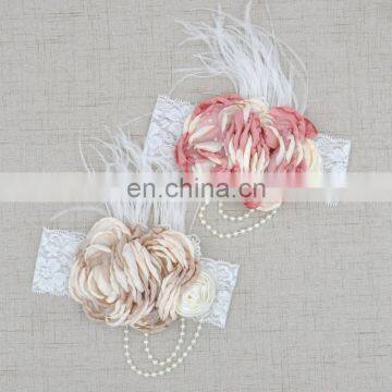 Chiffon Shabby Chic Vintage Headbands With Pearls & Feather Flowers Lace Girl Hairband