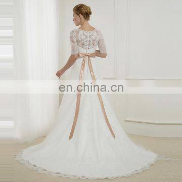 EBX-65 Subtle Short Sleeve Lace Cover Long Train Gold Beading Belt Satin Wedding Dress photo-2