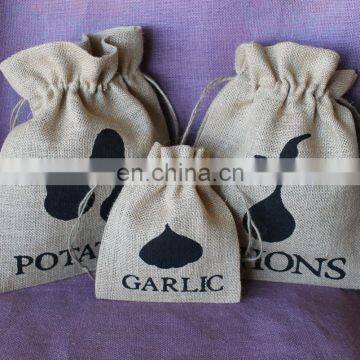 Rustic burlap garden storage bags for onion, garlic and potato