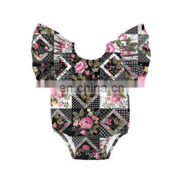 Black and white squares Printing pink flower pattern Infant baby girl Ruffle romper baby girl romper wholesale price