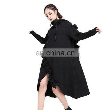 TWOTWINSTYLE Patchwork Ruffle Dress Women Hooded Long Sleeve Split Asymmetric Oversize Midi Female Dresses