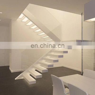 White Finish Wood Step Led Stairs With Tempered Glass Balustrade photo-2