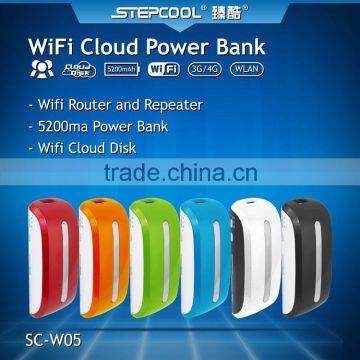 4 in 1 portable 3G wifi Router with wifi wireless data storage and sharing; Built-in power bank 5200ma