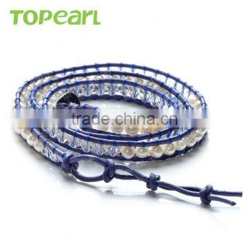 Topearl Jewelry 2016 Potato White Freshwater Pearl and Crystal Bracelet Woven Leather Wrap Girls Fancy Bracelets CLL167 photo-3