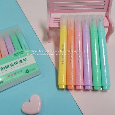 Factory Price 6 Color Pastel Color Fluorescent Soft Fiber Tip Highlighter Triangle Shape Barrel Marker Watercolor Pen photo-2