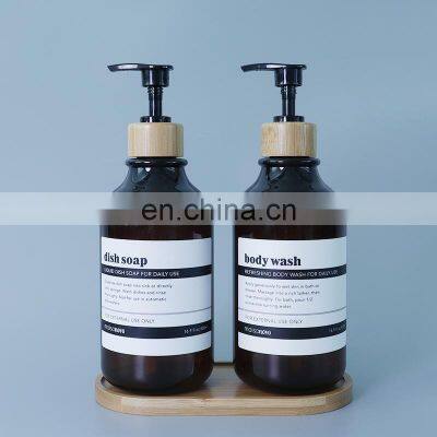 Wholesale liquid soap bottles with Bamboo Pump Soap Tray and water proof labels Bathroom Soap Dispenser Set