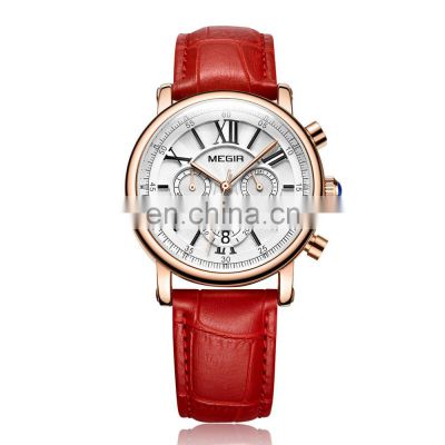 MEGIR 2058L Lady's Fashion&Casual Watch Quartz Movement Leather Band Business Watch Auto Date 24-hours Hand