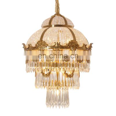 European Elegant Style Full Copper Pendant Lamp Living Room Antique Brass Crystal Chandelier