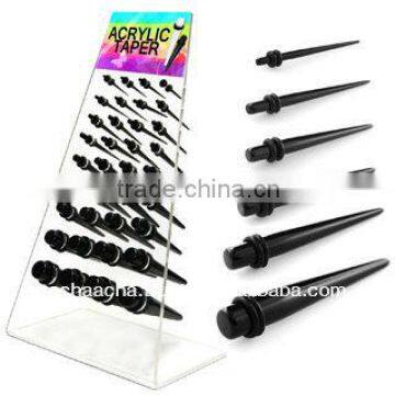 Display with 36 pcs. of black acrylic tapers with double rubber O-ring - size 14g to 00g (1.6mm-10mm)