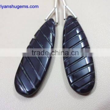 Black Onyx 12*37 Long Pear With Carving Pair 100% Natural Gemstones AAA Quality Product Hand Made in India