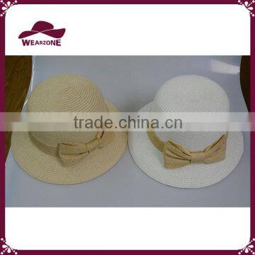 Beige 100% paper straw cloche hat with bow band