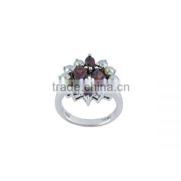 925 Sterling Silver Pearl & Garnet Gemstone Cluster Ring Jewelry