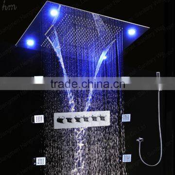 Remote control led color change luxury rainfall waterfall shower kits massage faucet systems with thermostatic shower mxer