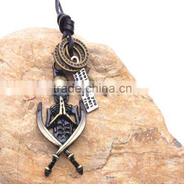 Genuine Leather Necklace with Antique Brass Dual Sword with Skull Pendant.