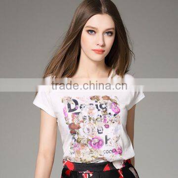 Wholesale 2016 Summer Fashion Women Floral Design Croped Tops Custom T-Shirts Elegant Slim Cotton Short Sleeve Printing T-Shirt