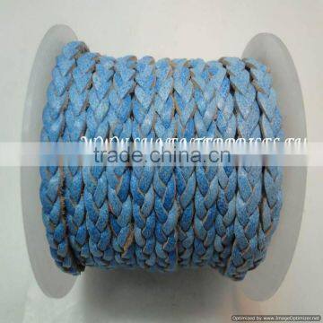 Braided Leather cords -5mm flat braided Turquoise White base