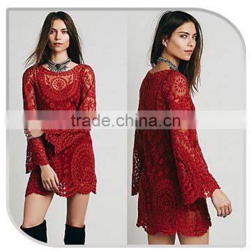 2015 new fashion crochet lace fabric long sleeve red dress