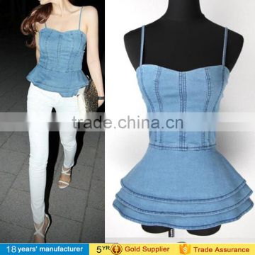 2016 Night club sexy women Spaghetti backless Denim vest top Ladies Ruffled Camisole jeans top design