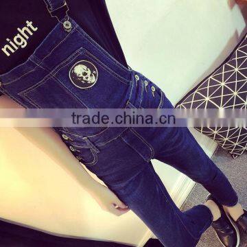 Spring Dark Blue Overalls Siamese Slim Influx of Female Feet Hole Jeans Pants Collapse Was Thin Pants Suspenders photo-5