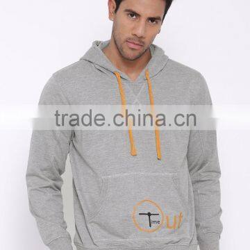 Grey Melange Hooded Sweatshirt For Man Customizable Attached Hood With Drawstring Fastening Hoody Printed Kangaroo Front Patch