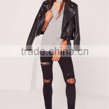 Plain Sleeveless Women Knitwear Sweater With Split Hem Choker Neck Chunky Tunic Grey photo-6