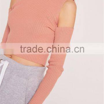 Women Silm Fit Plain Long Sleeve Knitwear High Collar Plain Sweater Cold Shoulder Knitted Crop Top Orange