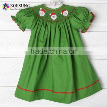 Hot Sale 100% Cotton Green Santa Face Christmas Smocked Bishop Dresses For Girls