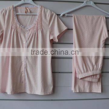 fashion workmanship lady's pajamas set with full fabric print and lace decoration