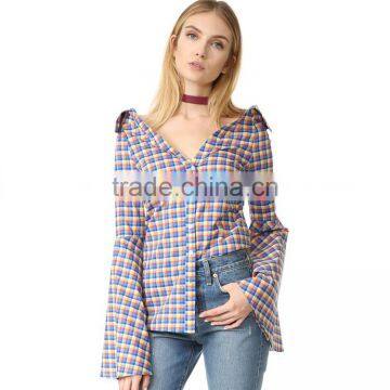 OEM Fashion Strapeless Neckline Horn Cuff Plaid Women Blouse photo-6