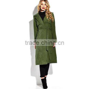 Army Green Open Front Self Belted Below Knee Lady's Winter Trench Coat photo-6