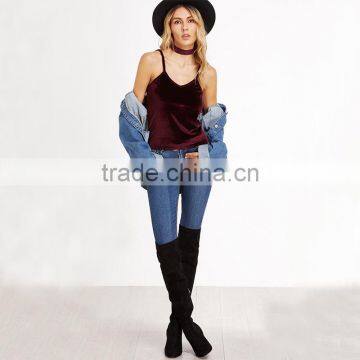 Velvet V-neck Top With Choker, Ladies Sexy Tank Top photo-5