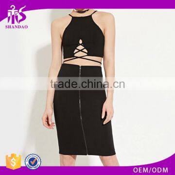 2017 guangzhou shandao summer oem service new design plain dyed fashion black tight zipper front skirt women