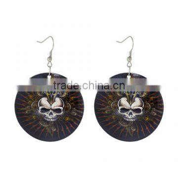Silver Tone Hook Round Dark Blue Halloween Skull Fashion Shell Dangle Earrings 6.8cmx4.5cm