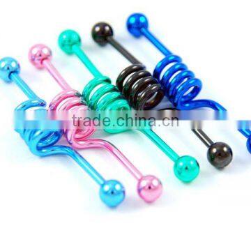 Wholesale New Hot Charm 14G 316L Surgical Stainless Steel plate anodized colors spiral industrial barbell tongue piercing