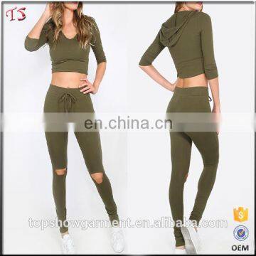 Slim fit sportwear sport suit women hooded t shirt with cutout jogger pants