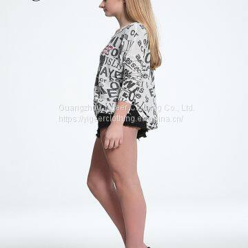 Long Sleeve Printed Word Round Neck Knitted Top Shirt photo-2