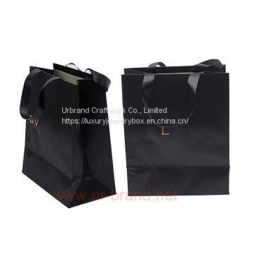 custom made high quality logo gold foil stamping matt black paper bag with ribbon handle Urbrand