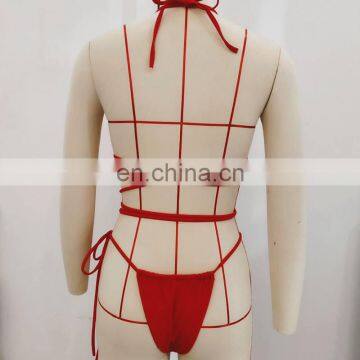 Sexy Solid Red Thong Bikini Set Bathing Suit Cross Bandage Hand Push Up Swimwear 2019 Women Padded Low Cut Swimsuit photo-6
