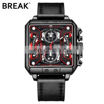 BREAK 5645 Men'S Fashion Casual Auto Date Leather Quartz Rectangle Watch