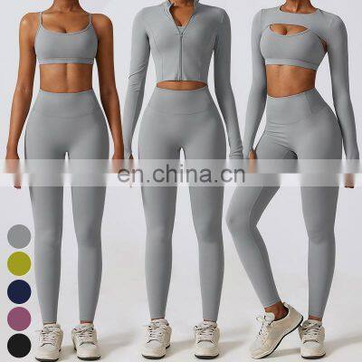 High Quality Sportswear 3 Piece Suit Quick Dry Breathable Women Clothing Gym Fitness Sets Sports Bra Crop Top Leggings Yoga Set