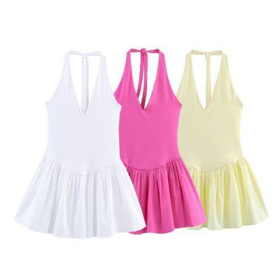 2025 New European and American Fashion Hanging Neck Collar Splicing Dress