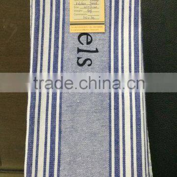Cheap cotton/polyester tea towel with gery and bule stripes design