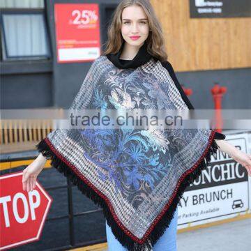 Houndstooth warm autumn and winter flowers printed fringed shawl cloak